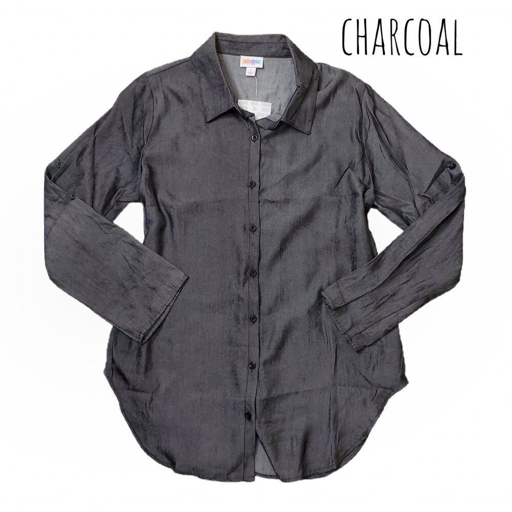 NEW LuLaRoe Denim Chambray Charcoal Gray Valentina Long Sleeve Button Down Shirt